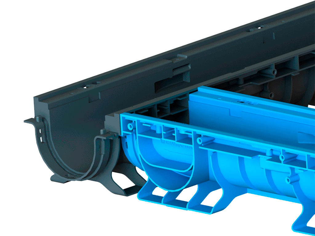 Rigolă din plastic BASE DN100 H120 cu grătar metalic zincat în fante clasa de sarcini A15